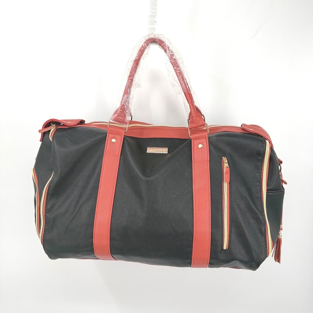 NWOT Luxe Duffle‎ Bag Women Large Black Red Faux Leather Travel Weekender